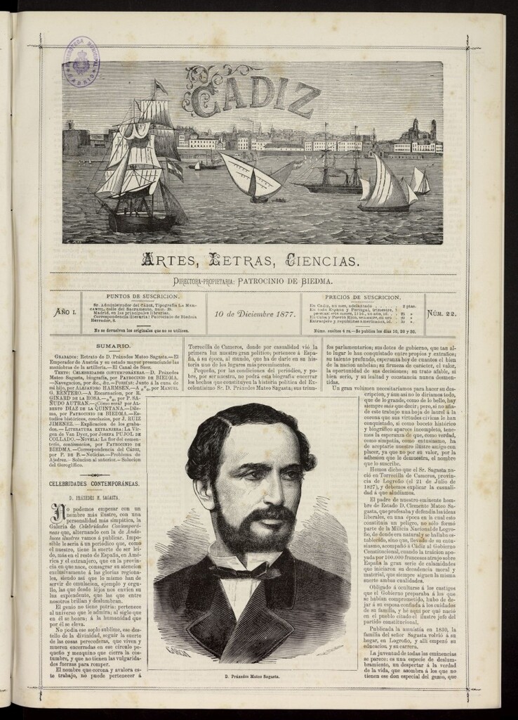 Miniatura de Cádiz: letras, ciencias y artes del 10 de diciembre de 1877