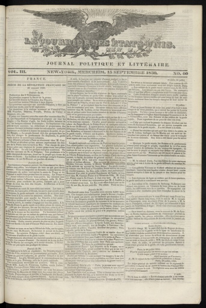 Miniatura de Le Courrier des États-Unis del 15 de septiembre de 1830, nº 60 [sic]