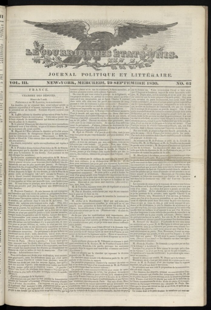 Miniatura de Le Courrier des États-Unis del 29 de septiembre de 1830, nº 62