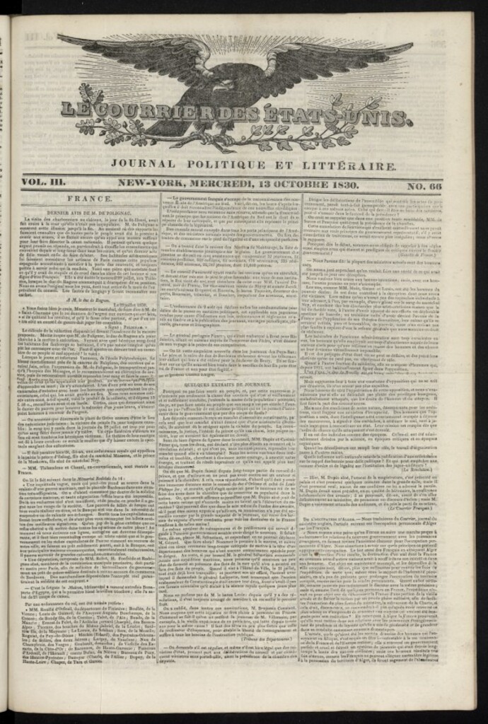 Miniatura de Le Courrier des États-Unis del 13 de octubre de 1830, nº 66