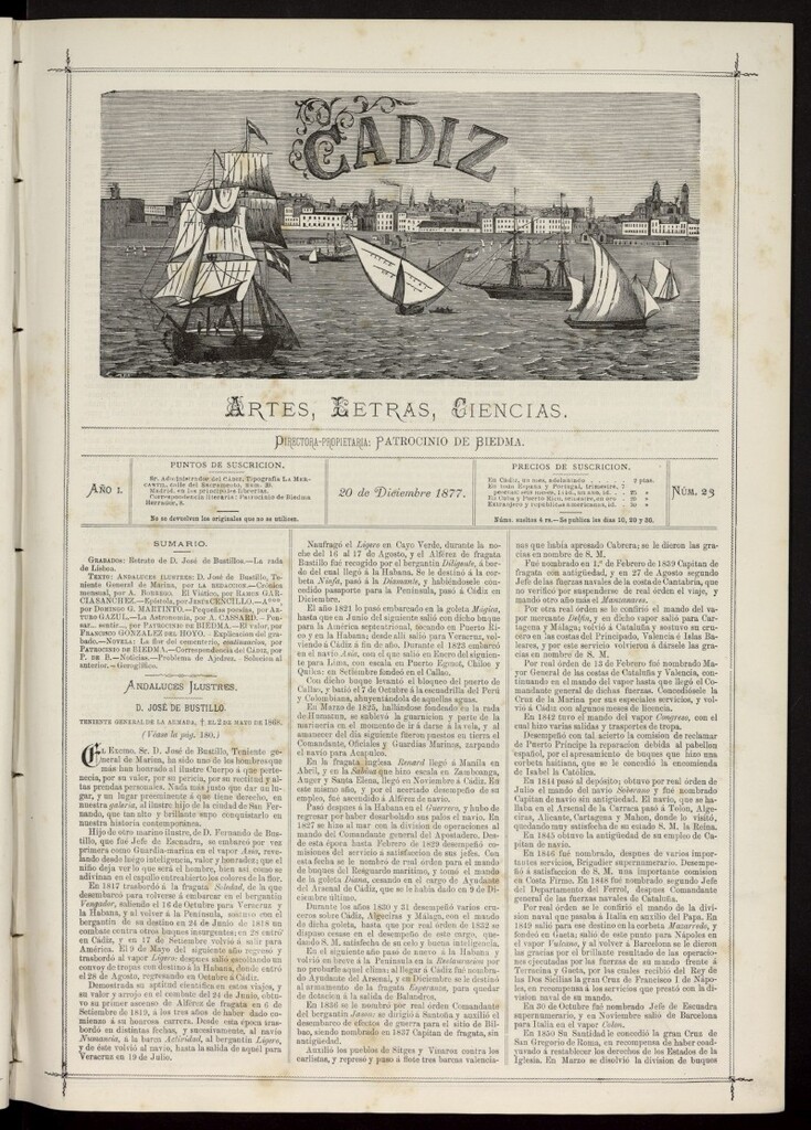 Miniatura de Cádiz: letras, ciencias y artes del 20 de diciembre de 1877