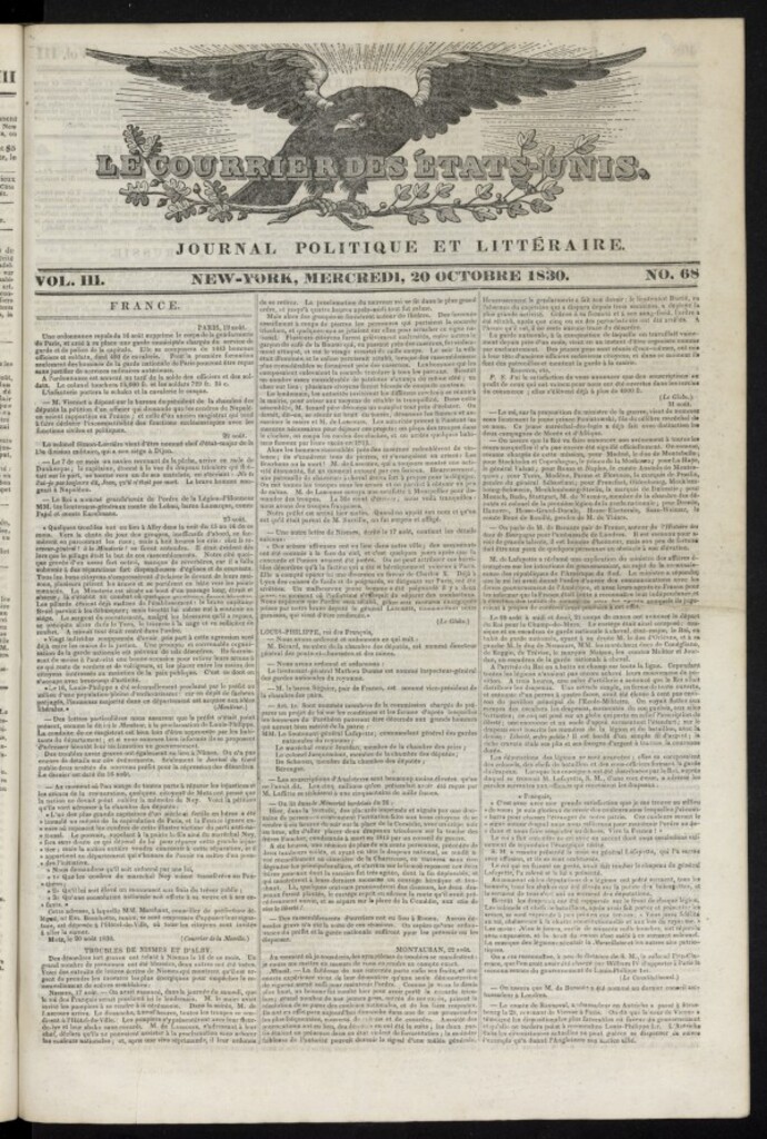 Miniatura de Le Courrier des États-Unis del 20 de octubre de 1830, nº 68