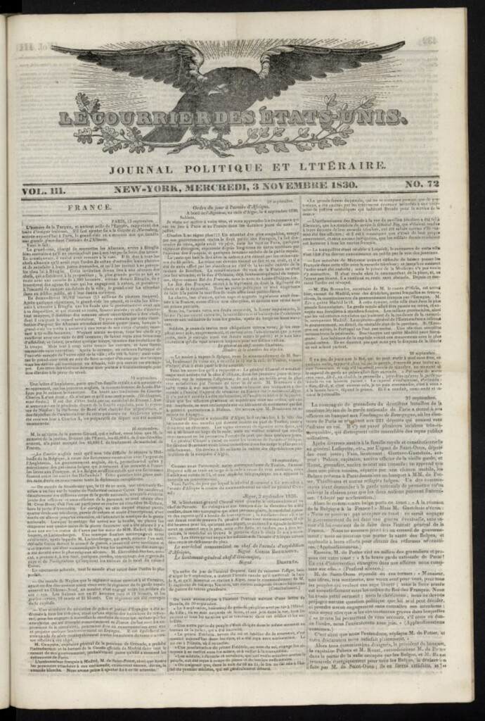 Miniatura de Le Courrier des États-Unis del 3 de noviembre de 1830, nº 72