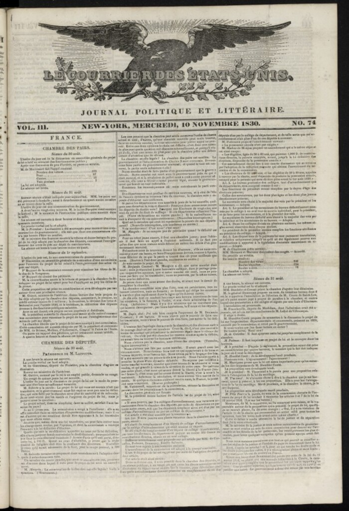 Miniatura de Le Courrier des États-Unis del 10 de noviembre de 1830, nº 74