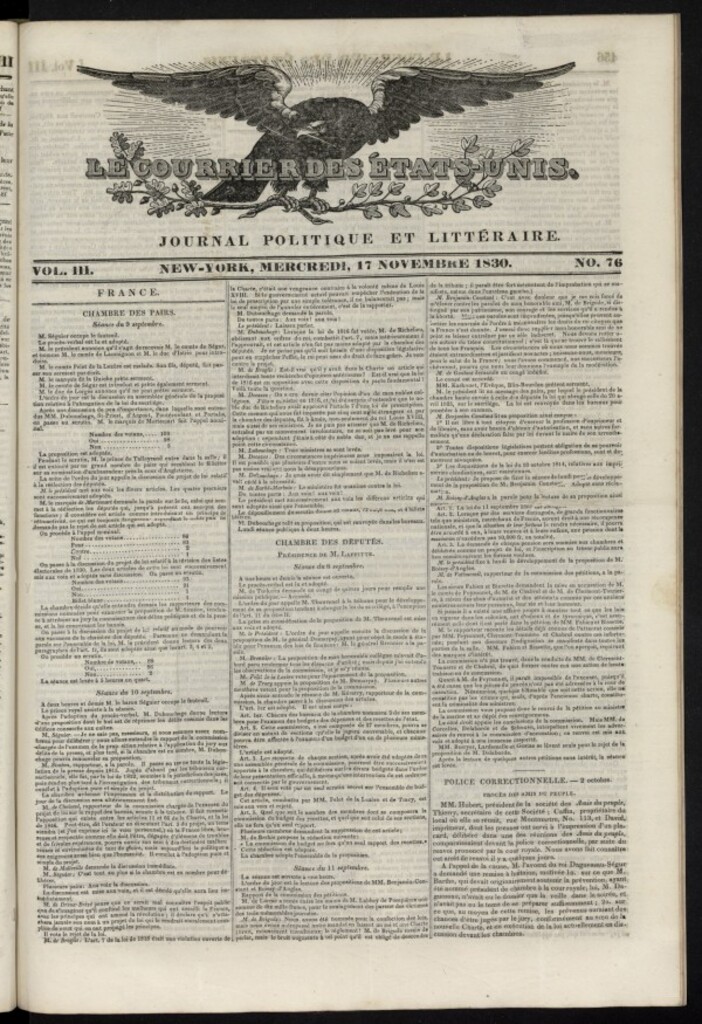 Miniatura de Le Courrier des États-Unis del 17 de noviembre de 1830, nº 76