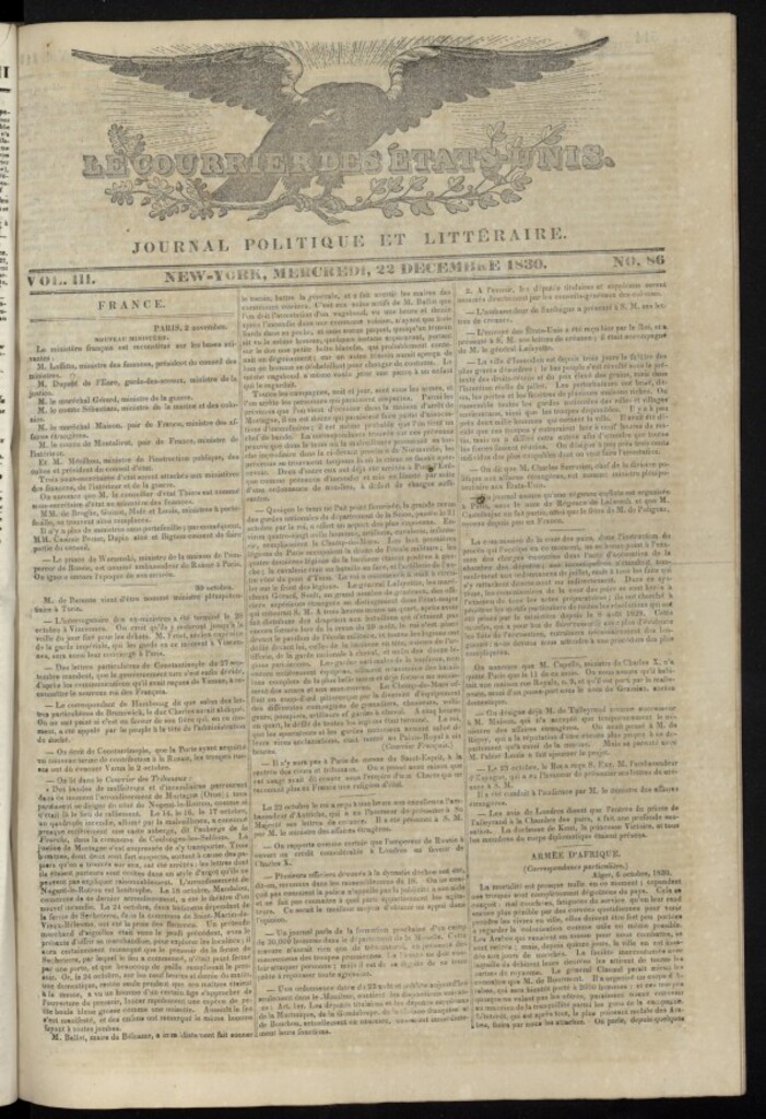 Miniatura de Le Courrier des États-Unis del 22 de diciembre de 1830, nº 86