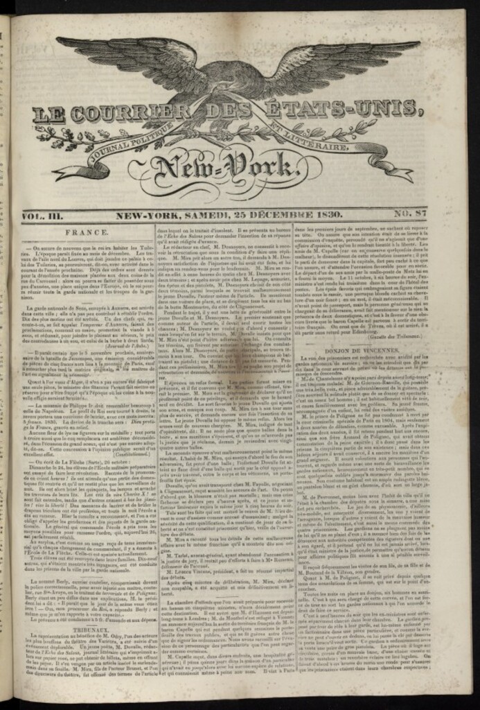 Miniatura de Le Courrier des États-Unis del 25 de diciembre de 1830, nº 87