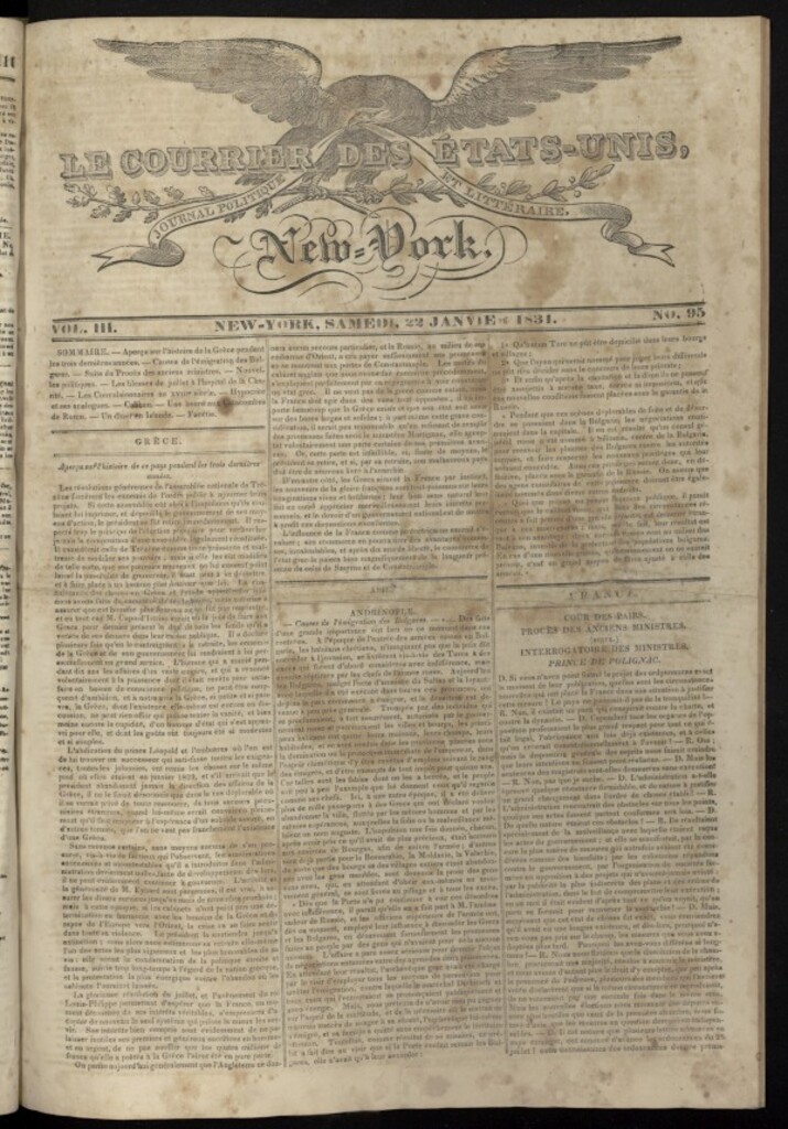 Miniatura de Le Courrier des États-Unis del 22 de enero de 1831, nº 95
