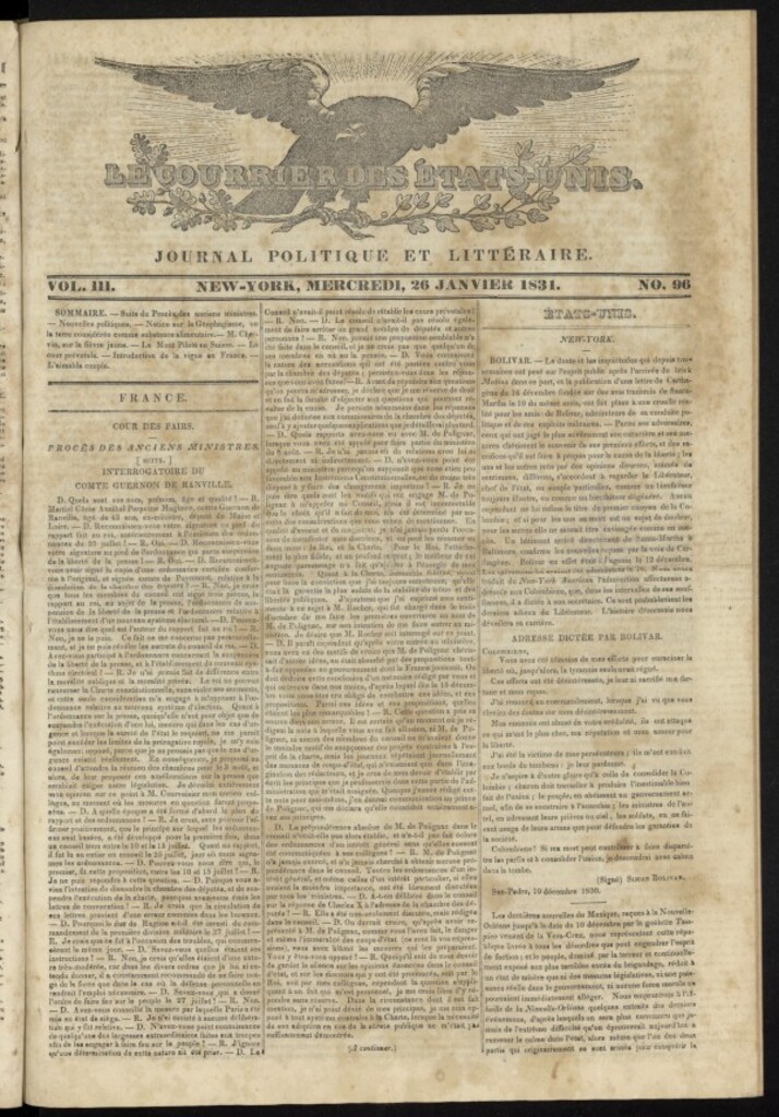 Miniatura de Le Courrier des États-Unis del 26 de enero de 1831, nº 96