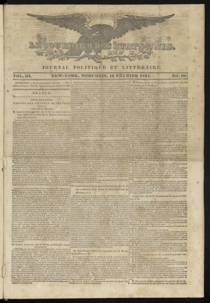 Miniatura de Le Courrier des États-Unis del 16 de febrero de 1831, nº 102