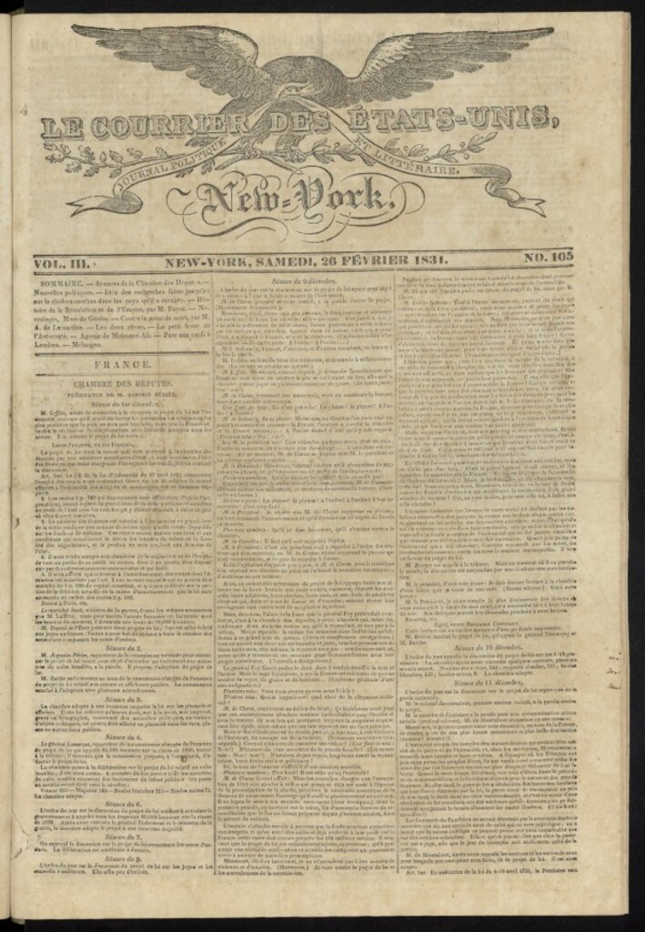Miniatura de Le Courrier des États-Unis del 26 de febrero de 1831, nº 105
