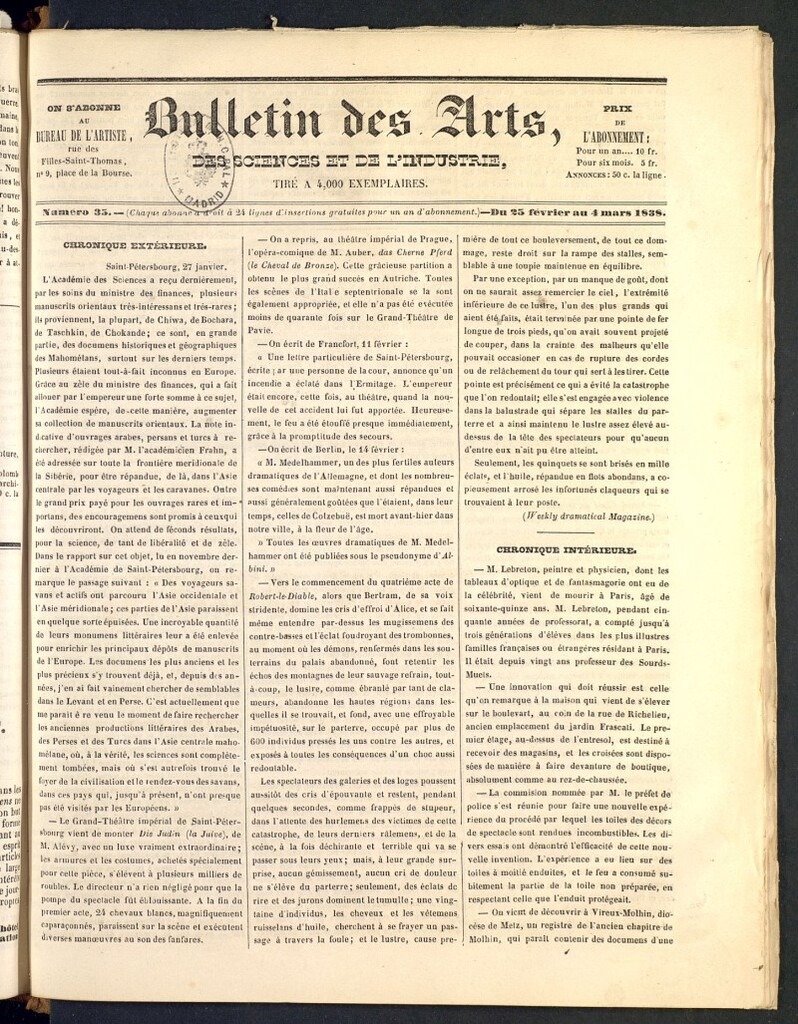 Miniatura de Bulletin des Arts, des Science et de l´Industrie del 25 de febrero de 1838, nº 35