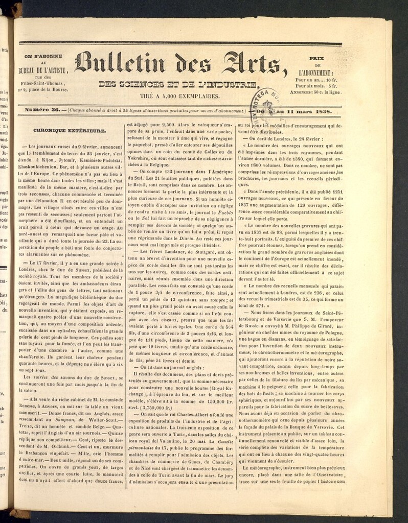 Miniatura de Bulletin des Arts, des Science et de l´Industrie del 5 de marzo de 1838, nº 36