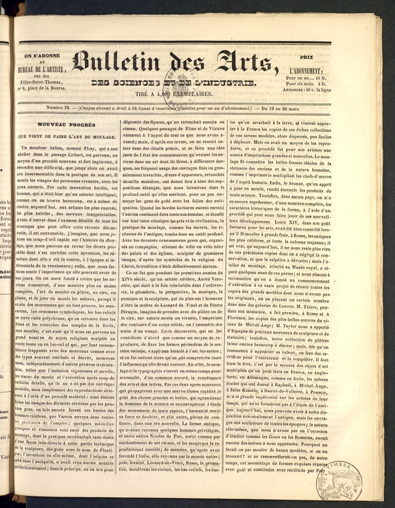 Miniatura de Bulletin des Arts, des Science et de l´Industrie del 19 de marzo de 1838, nº 38