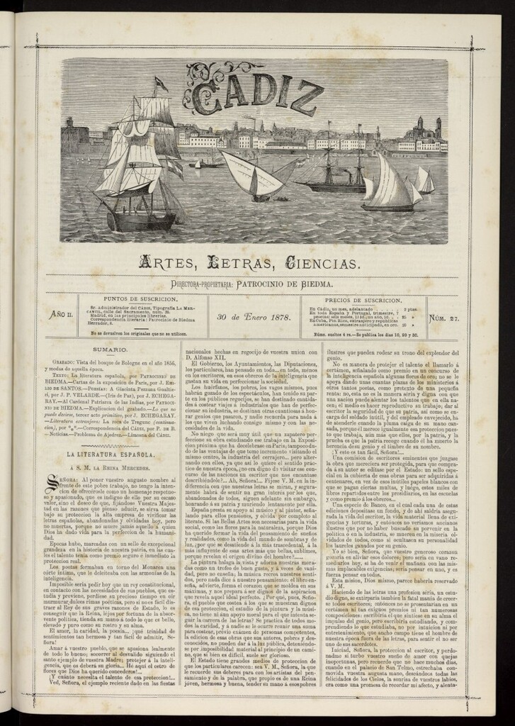 Miniatura de Cádiz: letras, ciencias y artes del 30 de enero de 1878