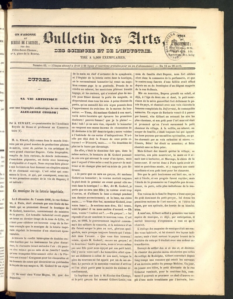 Miniatura de Bulletin des Arts, des Science et de l´Industrie del 22 de abril de 1838, nº 43