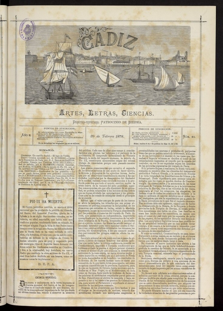 Miniatura de Cádiz: letras, ciencias y artes del 20 de febrero de 1878