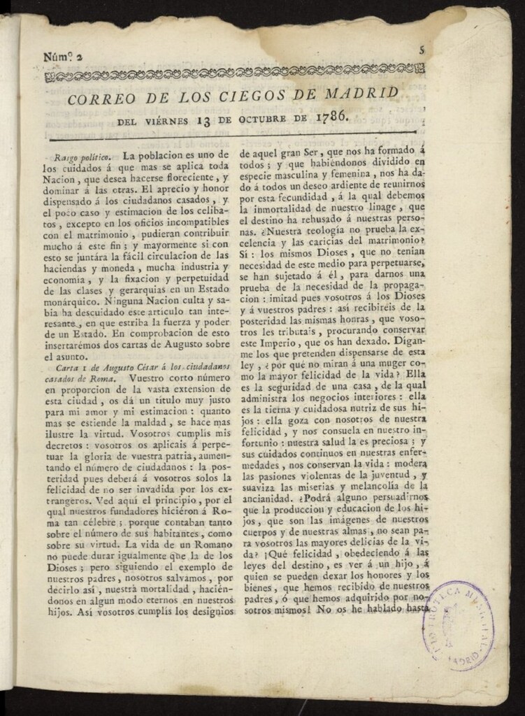 Miniatura de Correo de los Ciegos de Madrid del 13 de octubre de 1786, nº 2