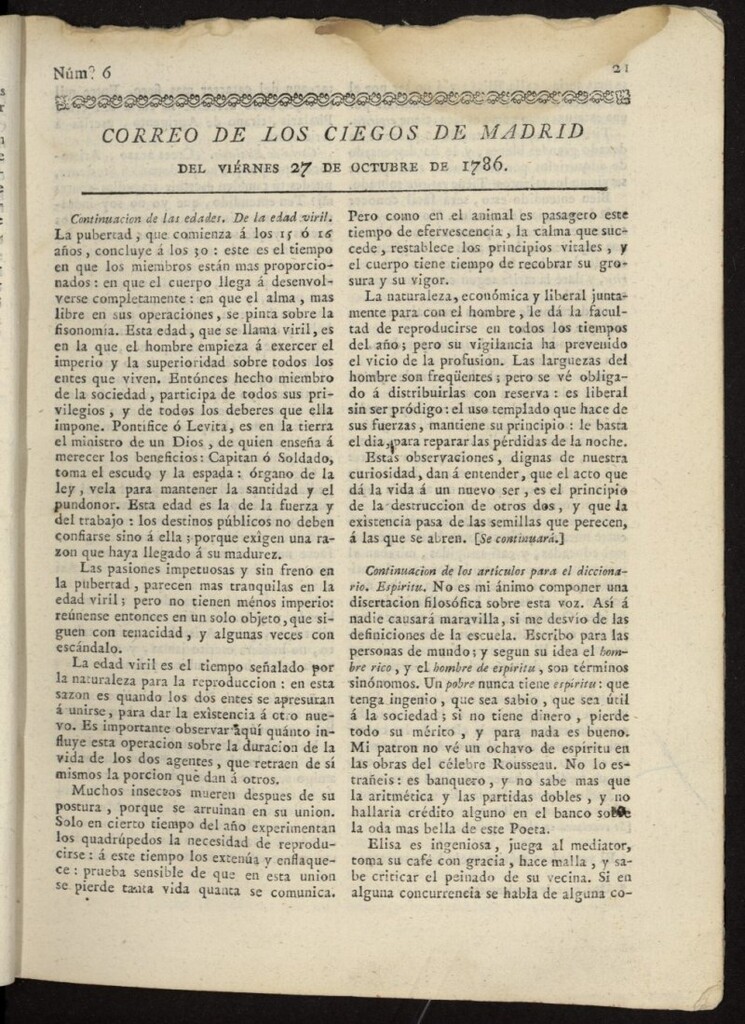 Miniatura de Correo de los Ciegos de Madrid del 27 de octubre de 1786, nº 6