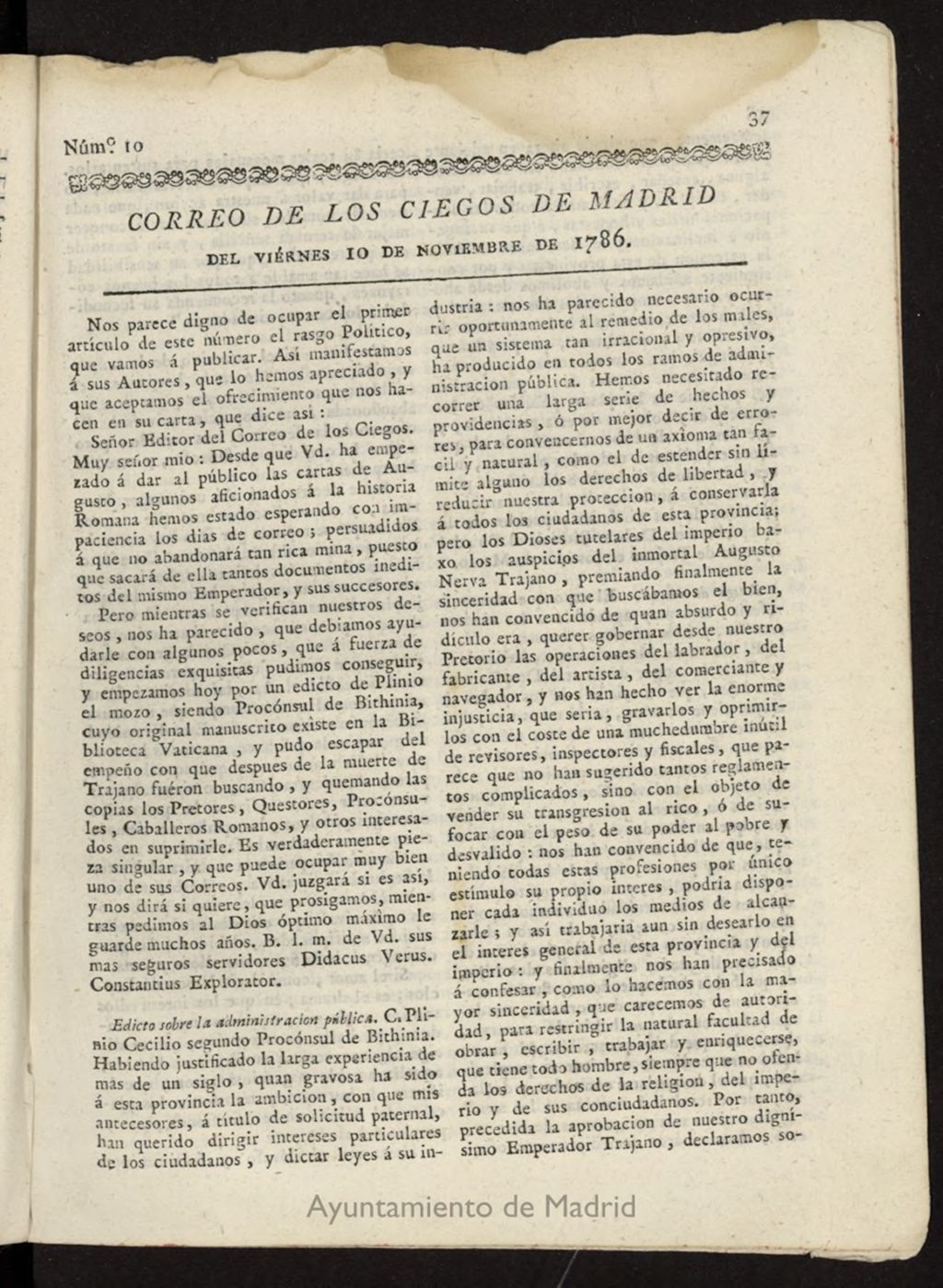 Miniatura de Correo de los Ciegos de Madrid del 10 de noviembre de 1786, nº 10