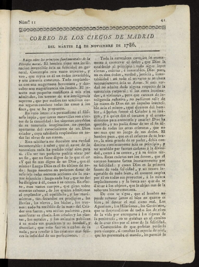 Miniatura de Correo de los Ciegos de Madrid del 14 de noviembre de 1786, nº 11