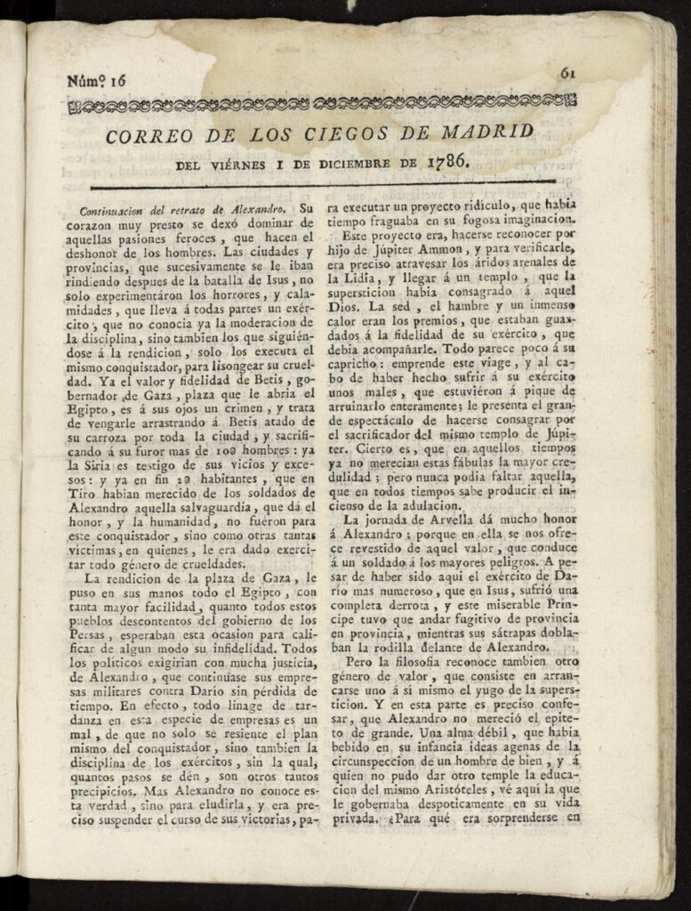 Miniatura de Correo de los Ciegos de Madrid del 1 de diciembre de 1786, nº 16