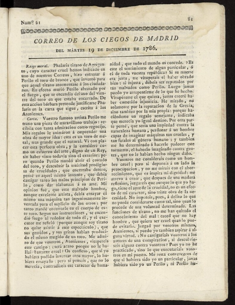 Miniatura de Correo de los Ciegos de Madrid del 19 de diciembre de 1786, nº 21