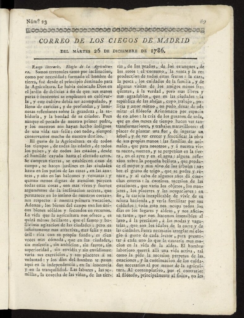 Miniatura de Correo de los Ciegos de Madrid del 26 de diciembre de 1786, nº 23