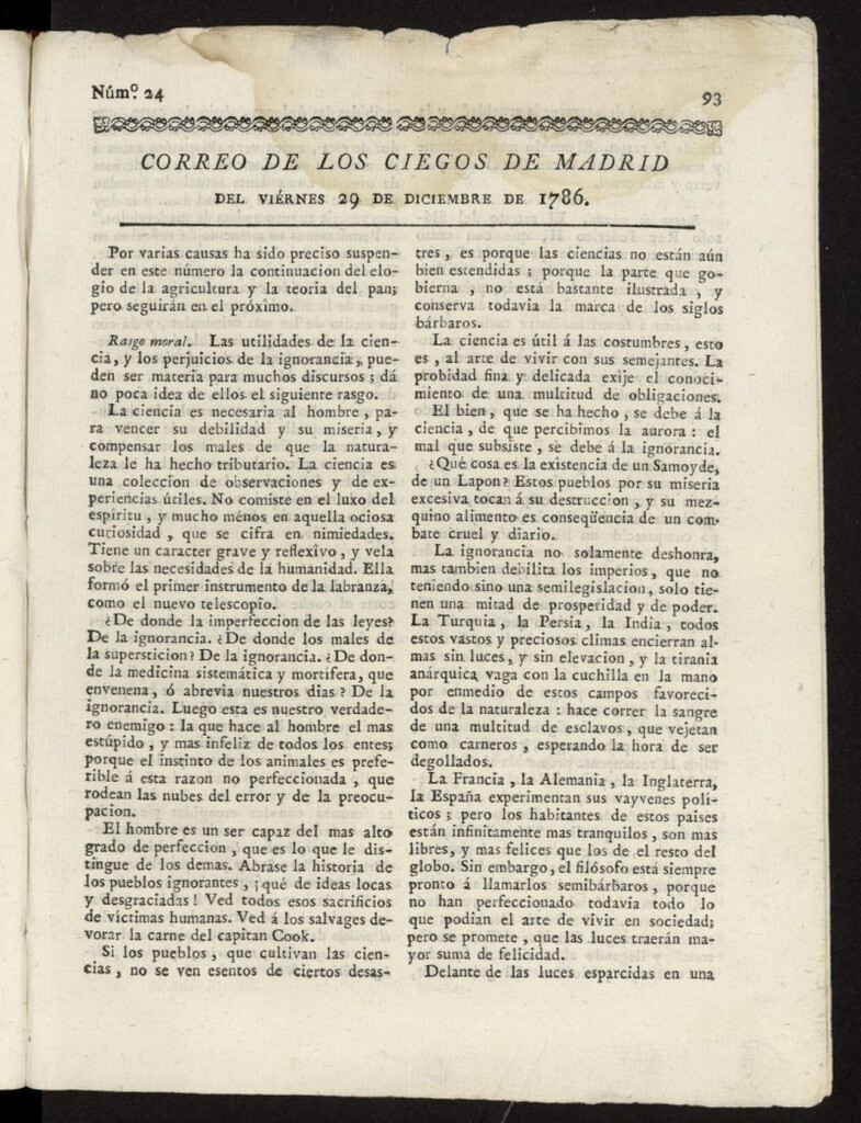 Miniatura de Correo de los Ciegos de Madrid del 29 de diciembre de 1786, nº 24