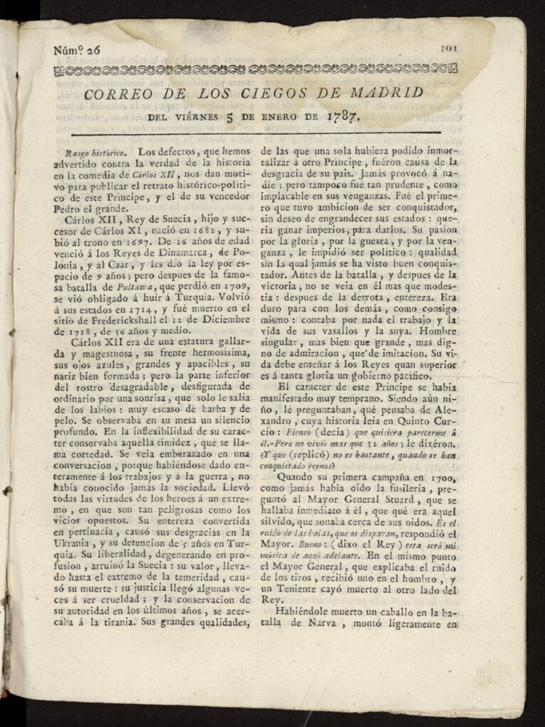 Miniatura de Correo de los Ciegos de Madrid del 5 de enero de 1787, nº 26