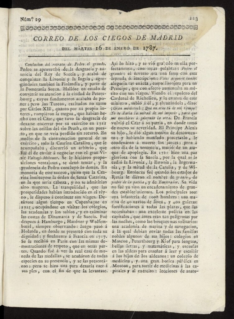 Miniatura de Correo de los Ciegos de Madrid del 16 de enero de 1787, nº 29