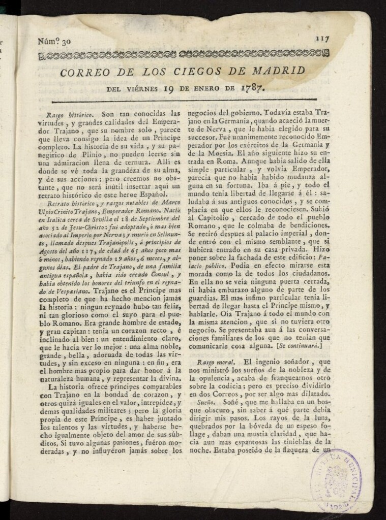 Miniatura de Correo de los Ciegos de Madrid del 19 de enero de 1787, nº 30