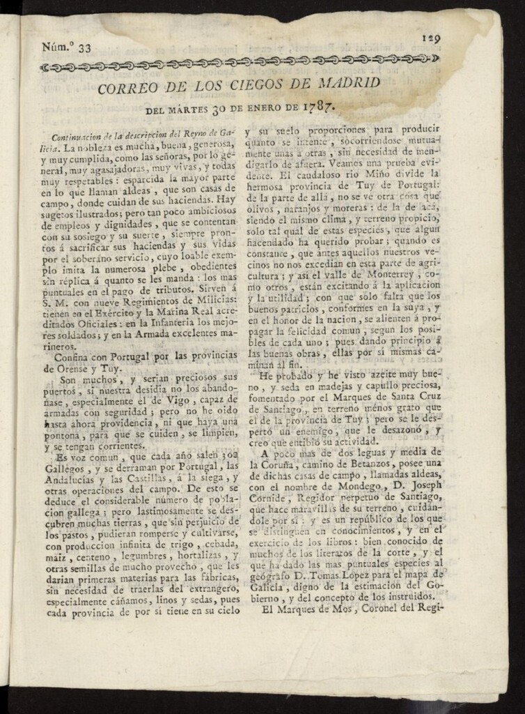 Miniatura de Correo de los Ciegos de Madrid del 30 de enero de 1787, nº 33