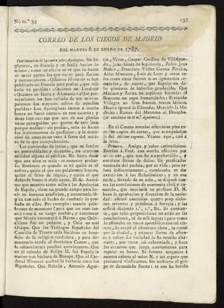 Miniatura de Correo de los Ciegos de Madrid del 6 de enero [sic] de 1787, nº 35