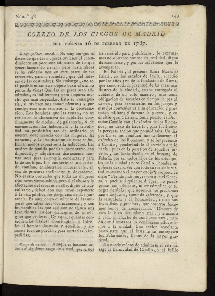 Miniatura de Correo de los Ciegos de Madrid del 16 de febrero de 1787, nº 38