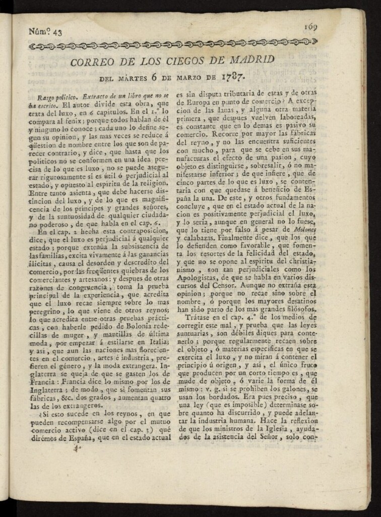 Miniatura de Correo de los Ciegos de Madrid del 6 de marzo de 1787, nº 43