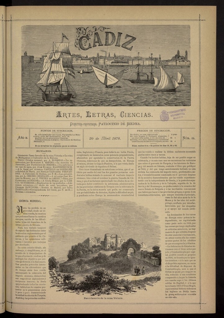 Miniatura de Cádiz: letras, ciencias y artes del 20 de abril de 1878