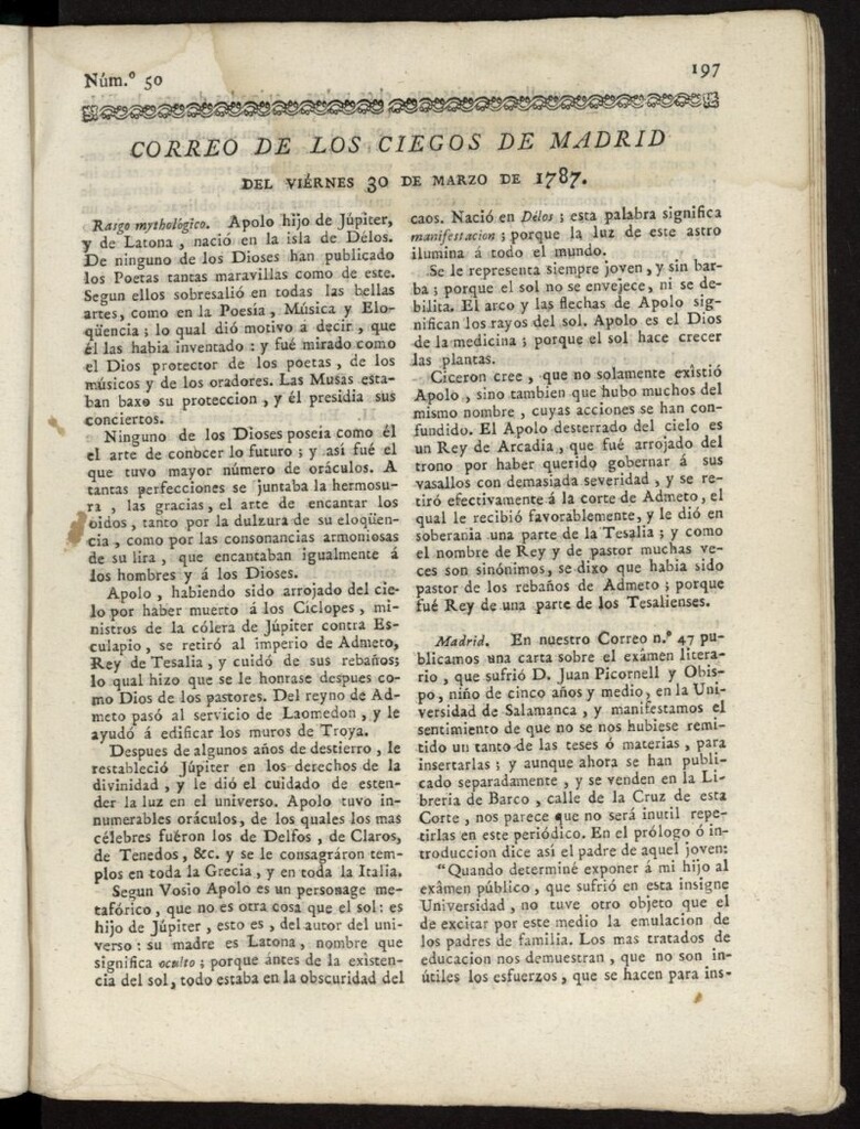 Miniatura de Correo de los Ciegos de Madrid del 30 de marzo de 1787, nº 50