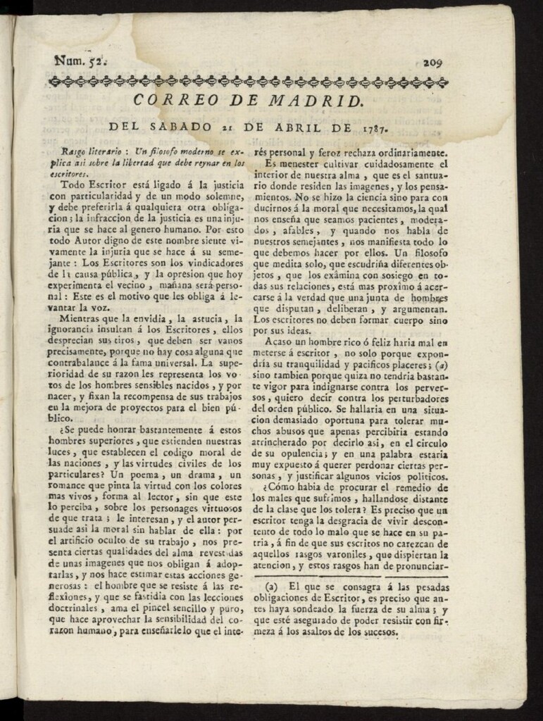 Miniatura de Correo de los Ciegos de Madrid del 21 de abril de 1787, nº 52
