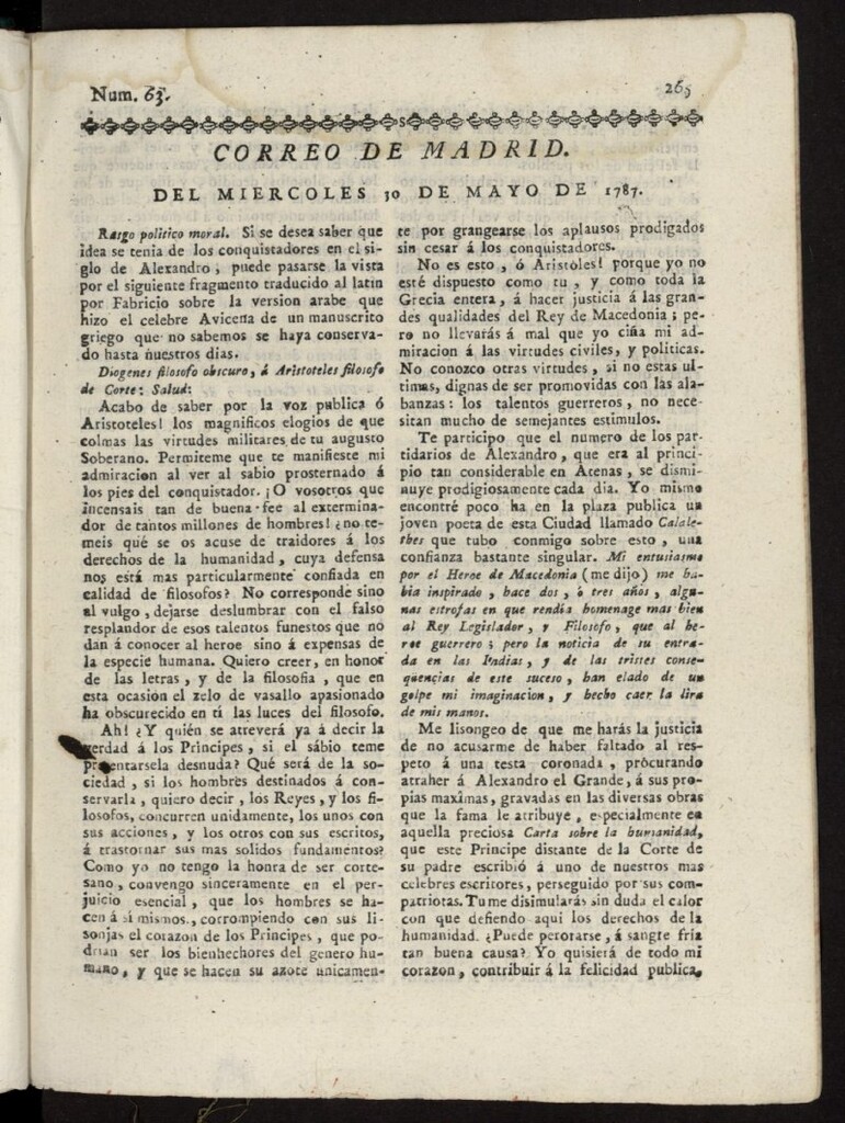 Miniatura de Correo de los Ciegos de Madrid del 30 de mayo de 1787, nº 63