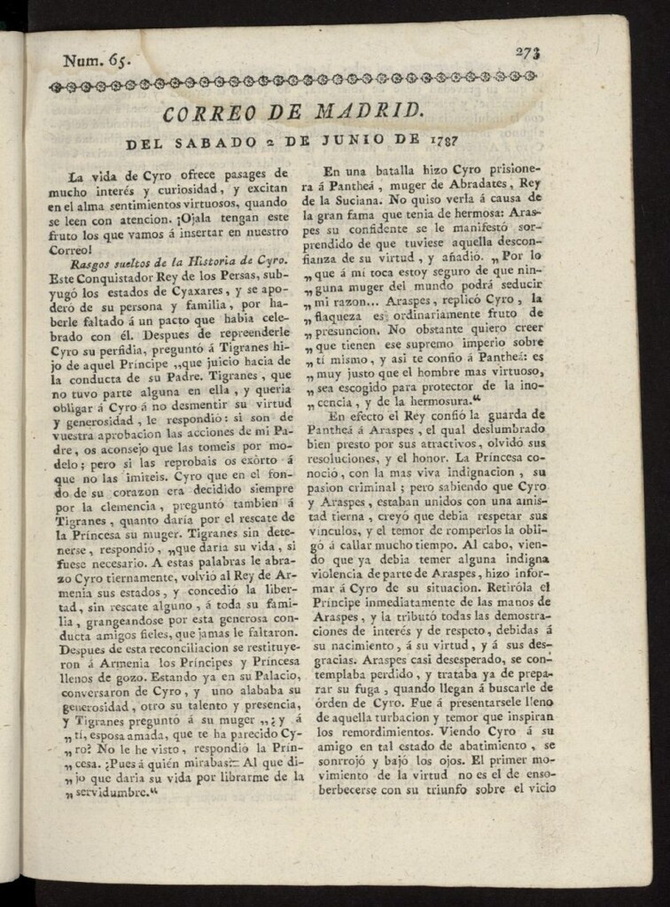 Miniatura de Correo de los Ciegos de Madrid del 2 de junio de 1787, nº 65