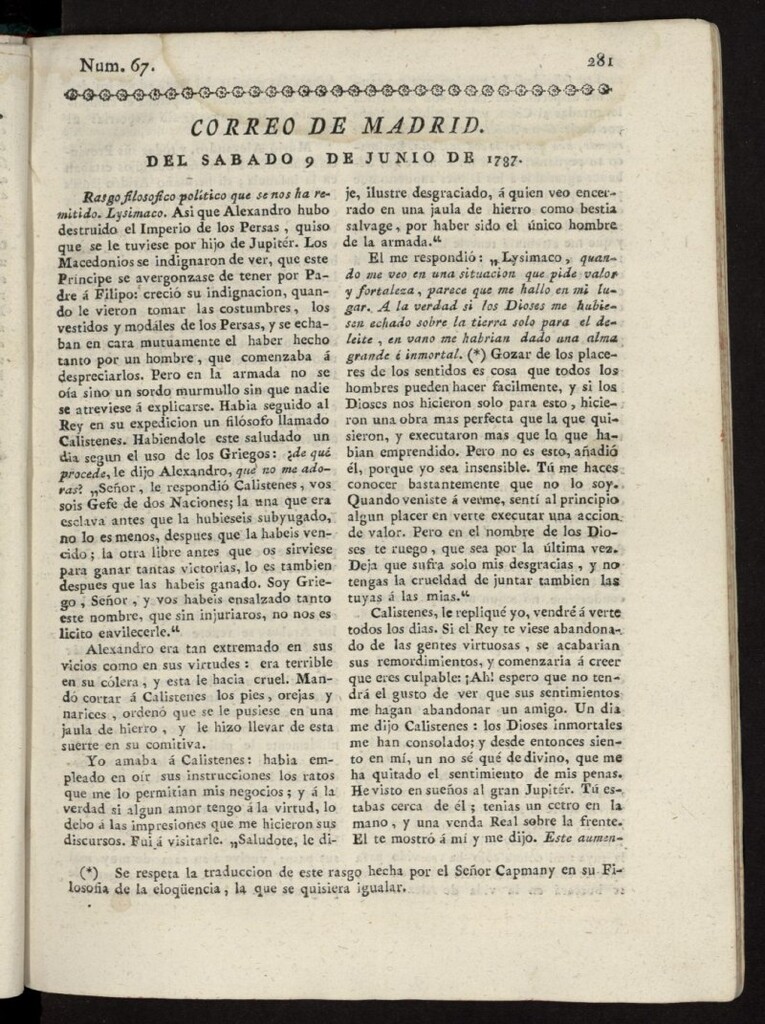 Miniatura de Correo de los Ciegos de Madrid del 9 de junio de 1787, nº 67