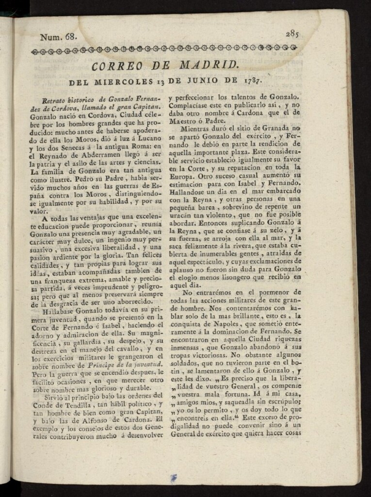 Miniatura de Correo de los Ciegos de Madrid del 13 de junio de 1787, nº 68