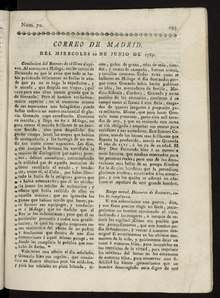 Miniatura de Correo de los Ciegos de Madrid del 20 de junio de 1787, nº 70