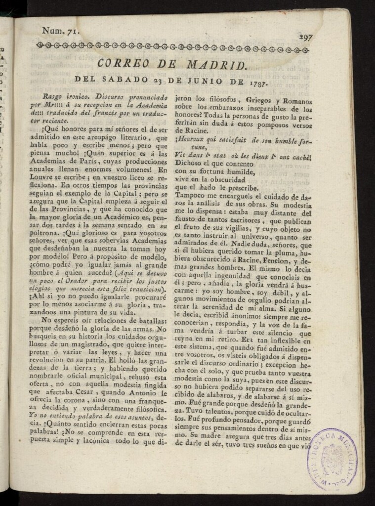 Miniatura de Correo de los Ciegos de Madrid del 23 de junio de 1787, nº 71