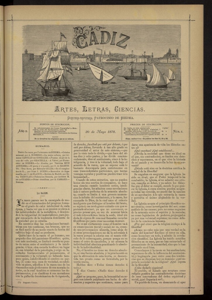 Miniatura de Cádiz: letras, ciencias y artes del 20 de mayo de 1878