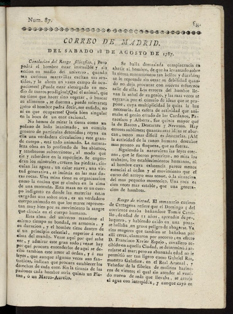 Miniatura de Correo de los Ciegos de Madrid del 18 de agosto de 1787, nº 87