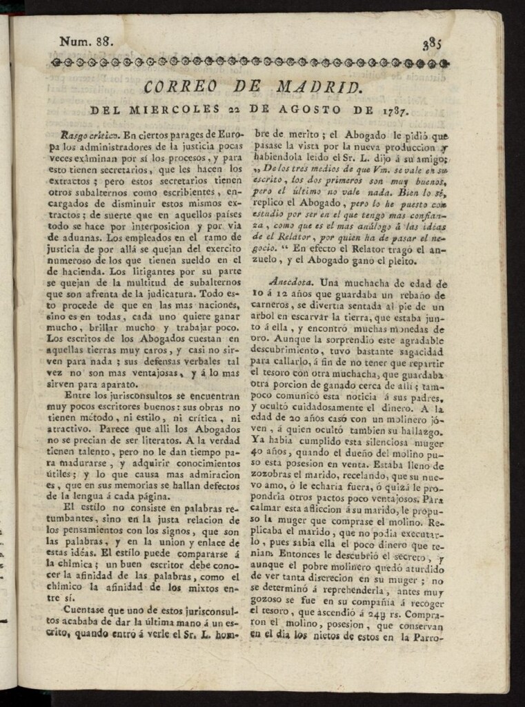 Miniatura de Correo de los Ciegos de Madrid del 22 de agosto de 1787, nº 88