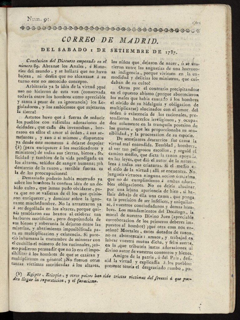 Miniatura de Correo de los Ciegos de Madrid del 1 de septiembre de 1787, nº 91