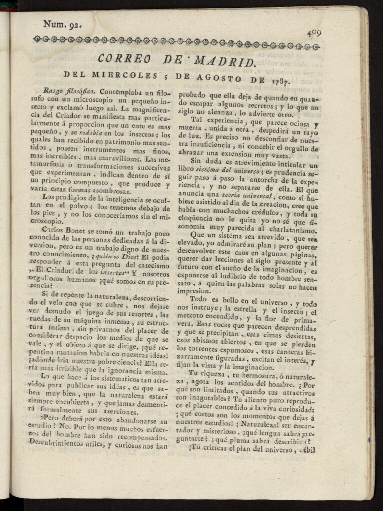 Miniatura de Correo de los Ciegos de Madrid del 5 de septiembre de 1787, nº 92